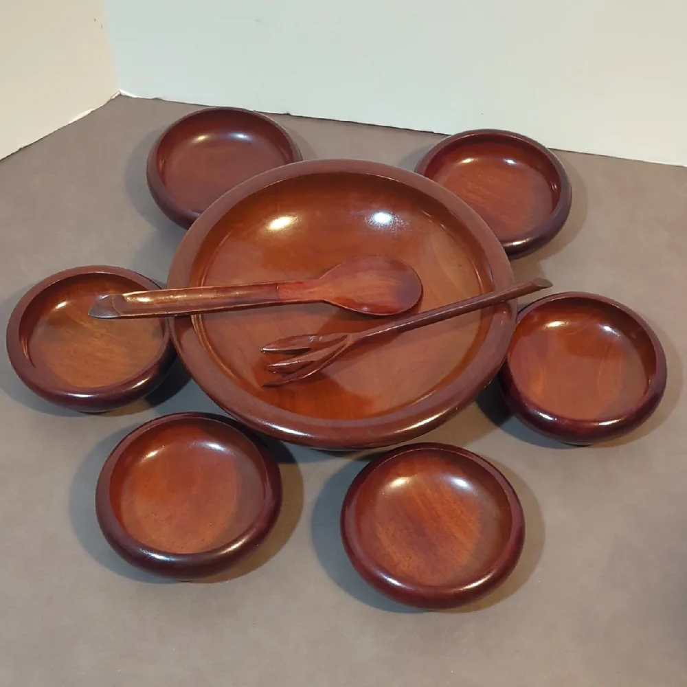Vintage CaribCraft Solid Mahogany Wood Bowls Salad Set With Fork And Spoon Haiti